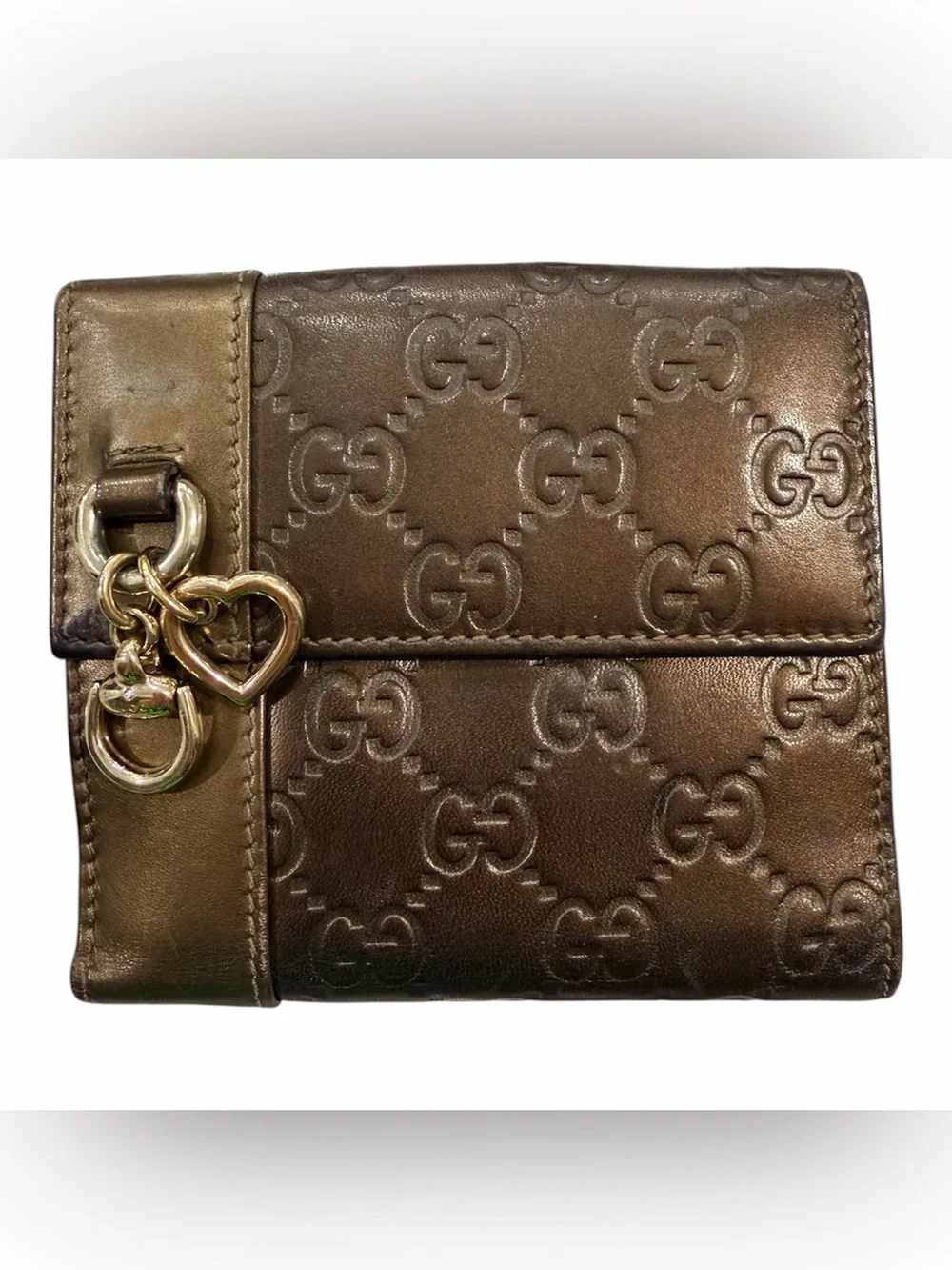 Gucci Bronze Metallic GG-Embossed Leather Wallet with Heart Charm